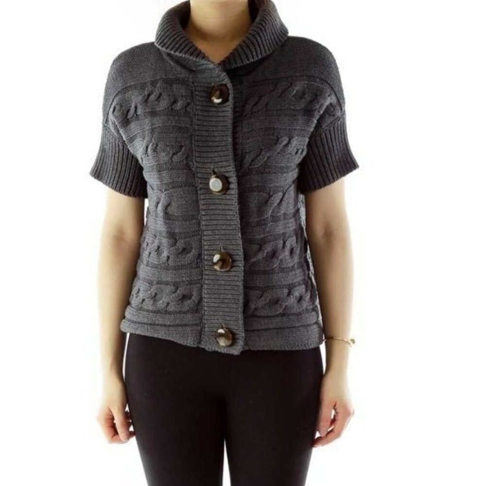 Talbots Cable Knit Short Sleeve Cardigan Black Button Front